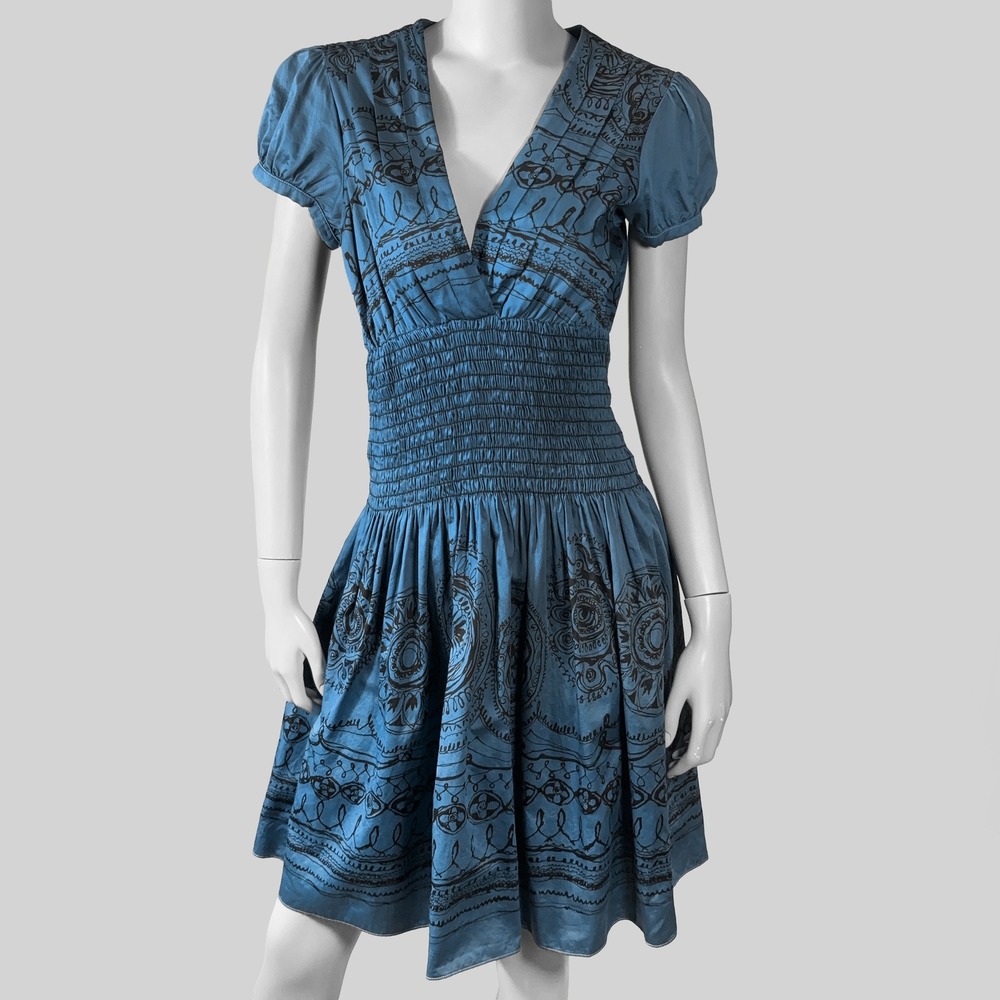 Teal Blue Mandala Print Smocked Waist Cotton Dress 4 Boho Retro Summer